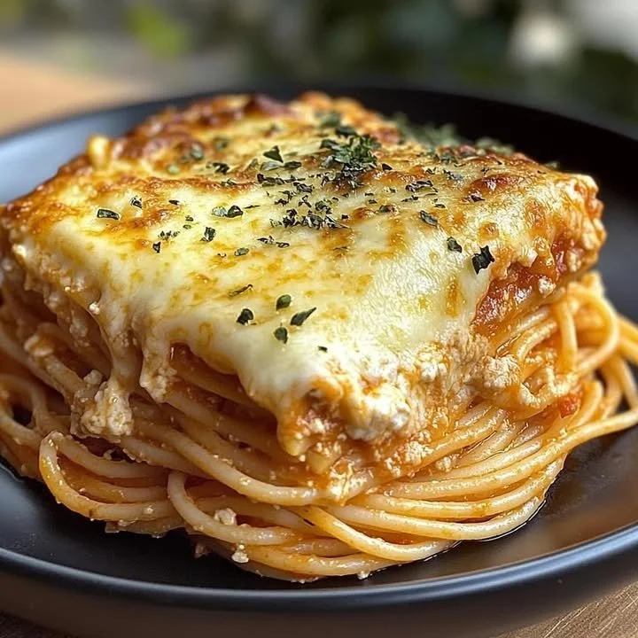 Cream cheese spaghetti casserole topped with melted cheese in a baking dish