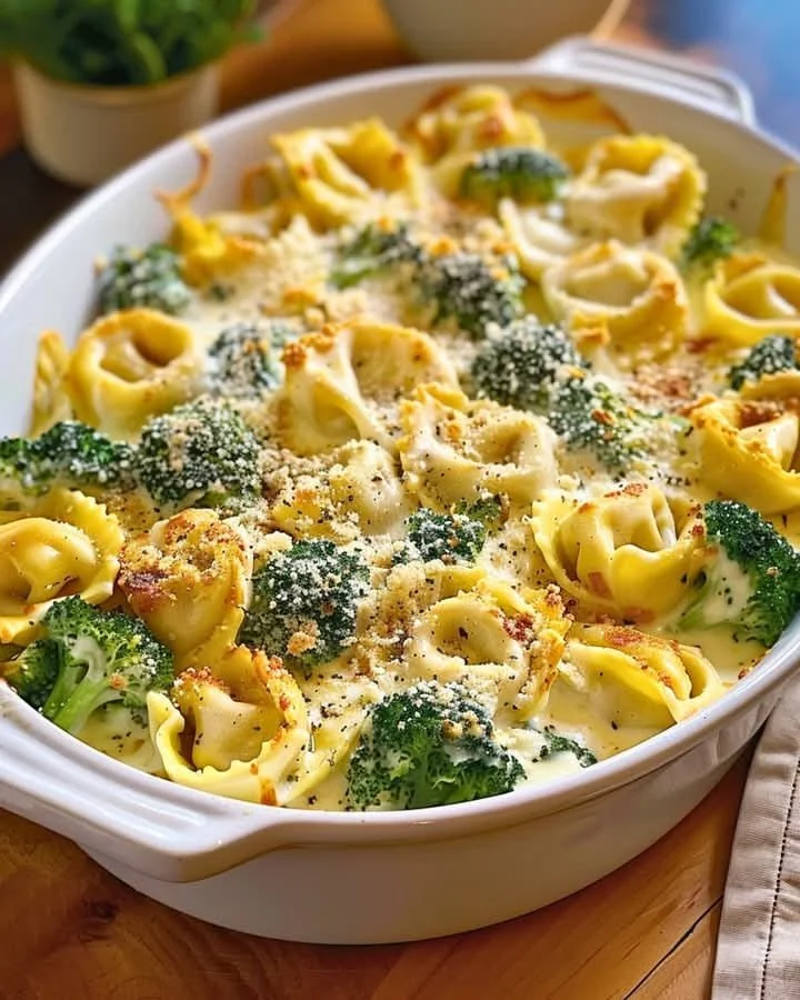 Creamy broccoli tortellini casserole baked with cheese and vegetables for a comforting meal