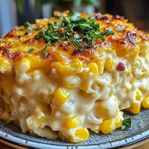 Delicious creamy cheesy corn casserole ready to serve