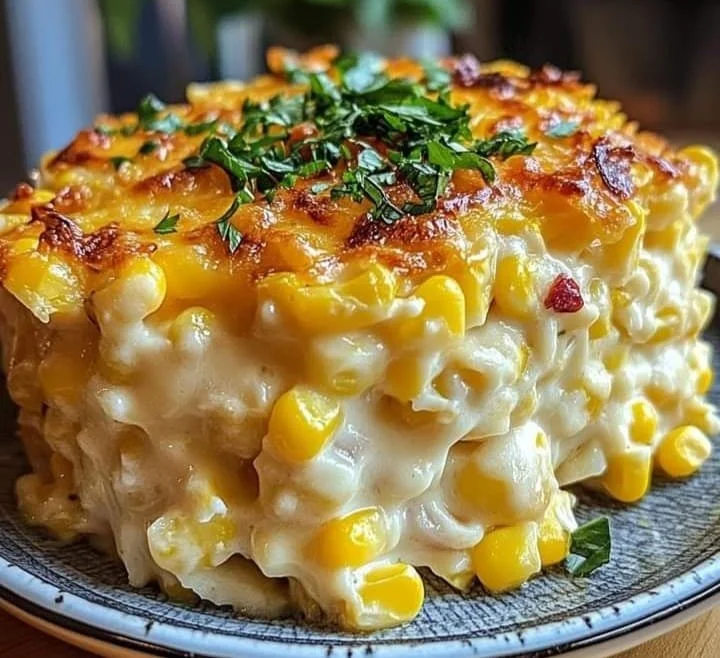 Delicious creamy cheesy corn casserole ready to serve