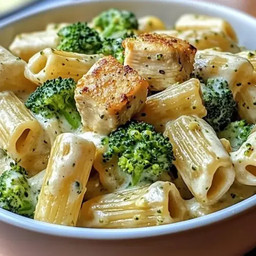 Creamy Chicken and Broccoli Rigatoni dish with pasta and vegetables