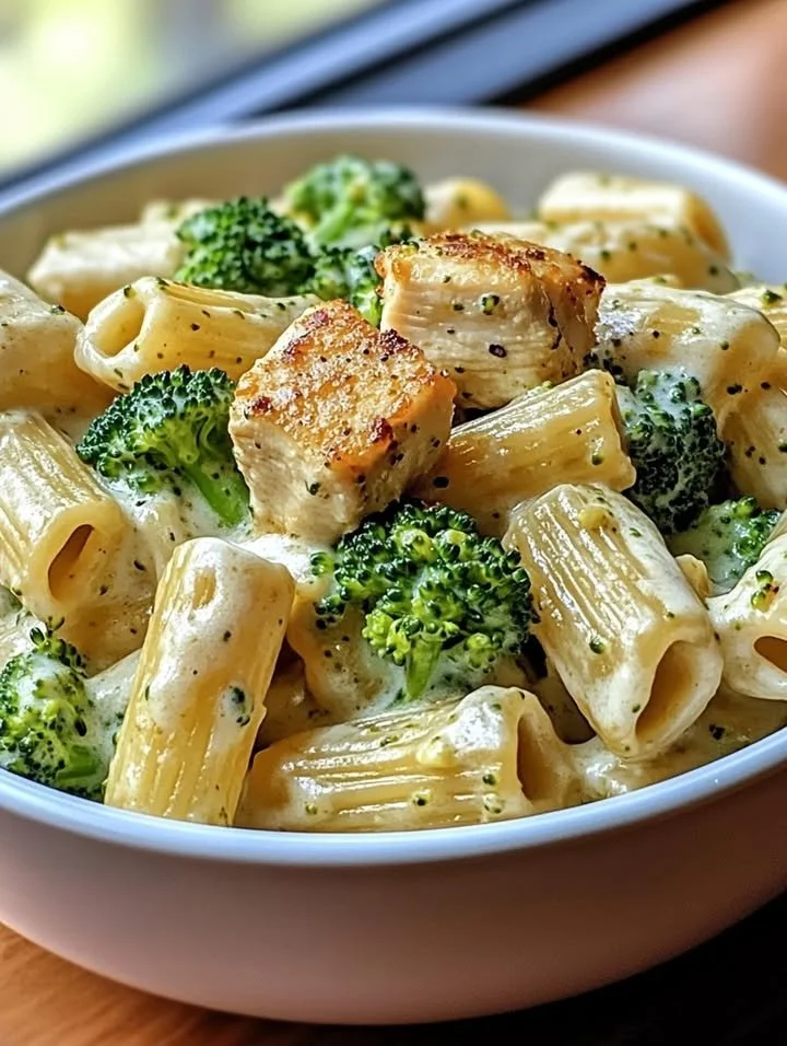 Creamy Chicken and Broccoli Rigatoni dish with pasta and vegetables