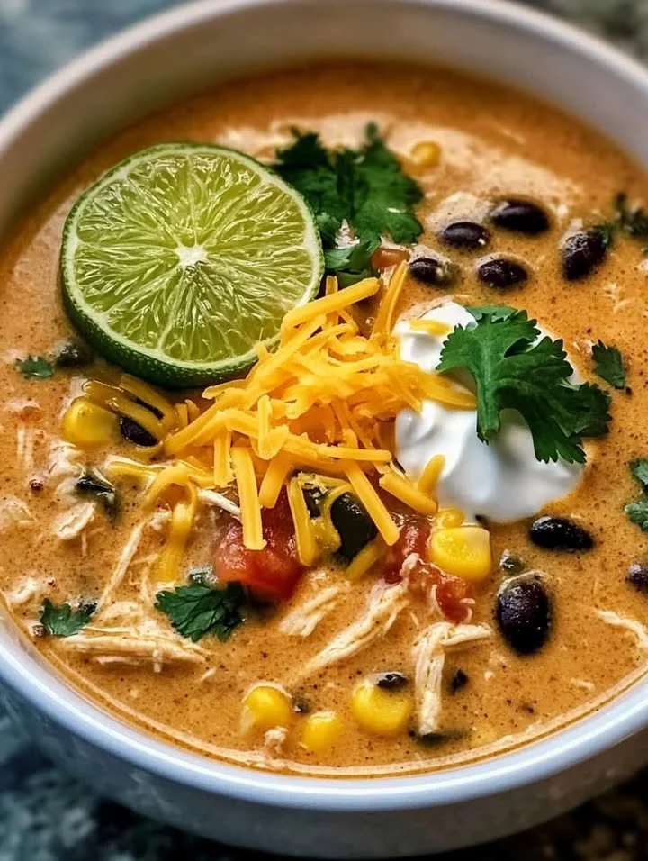 Bowl of creamy chicken poblano black bean soup garnished with cilantro.