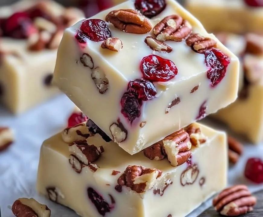 Creamy cranberry pecan fudge with white chocolate and nuts