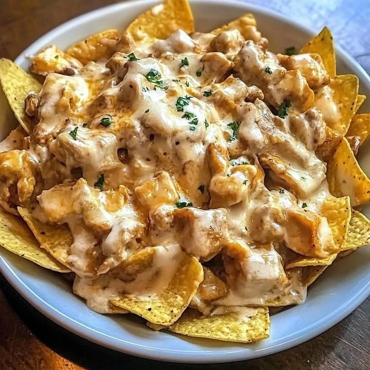 Creamy crockpot chicken nachos with toppings on a serving plate