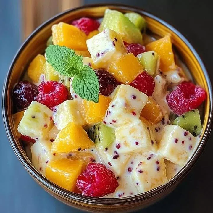 Creamy fruit salad with mixed fresh fruits in a smooth dressing