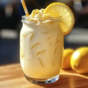 A glass of creamy lemonade with lemon slices and mint leaves on a sunny day