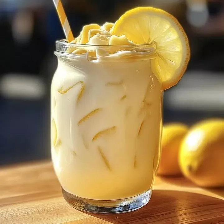 A glass of creamy lemonade with lemon slices and mint leaves on a sunny day