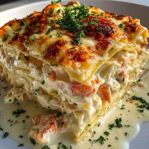 Creamy lobster alfredo lasagna with layers of pasta and seafood.