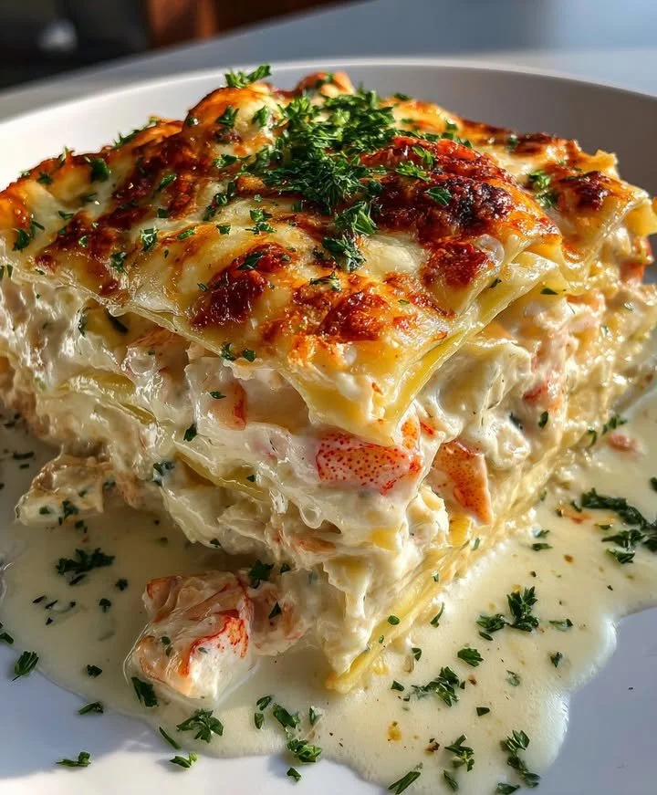 Creamy lobster alfredo lasagna with layers of pasta and seafood.