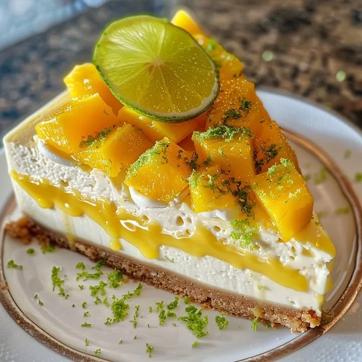 Slice of creamy mango lime cheesecake with vibrant fruit topping