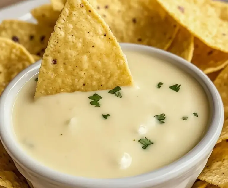 Creamy Mexican cheese dip served in a bowl with tortilla chips