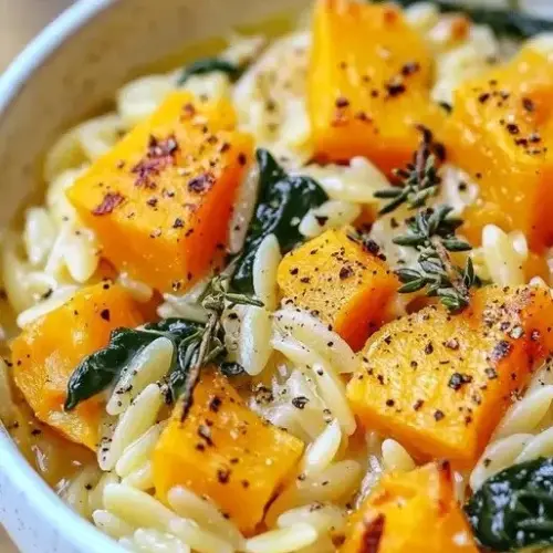 Bowl of creamy orzo with butternut squash and herbs, garnished for a delicious meal