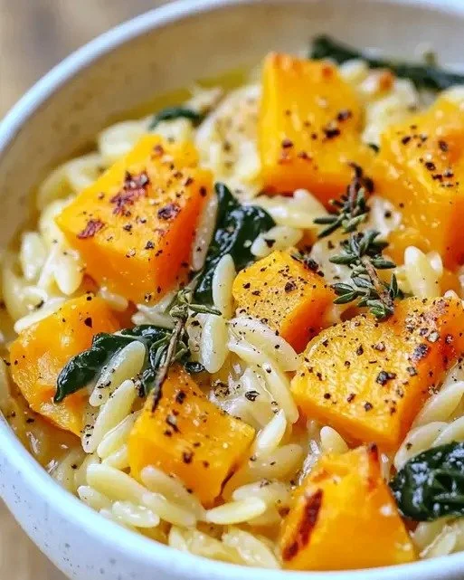 Bowl of creamy orzo with butternut squash and herbs, garnished for a delicious meal