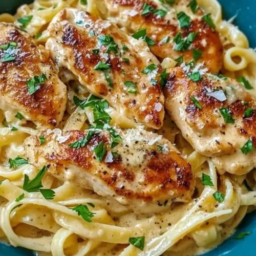 Creamy Parmesan Garlic Chicken Pasta with chicken, garlic, and cheese in a bowl