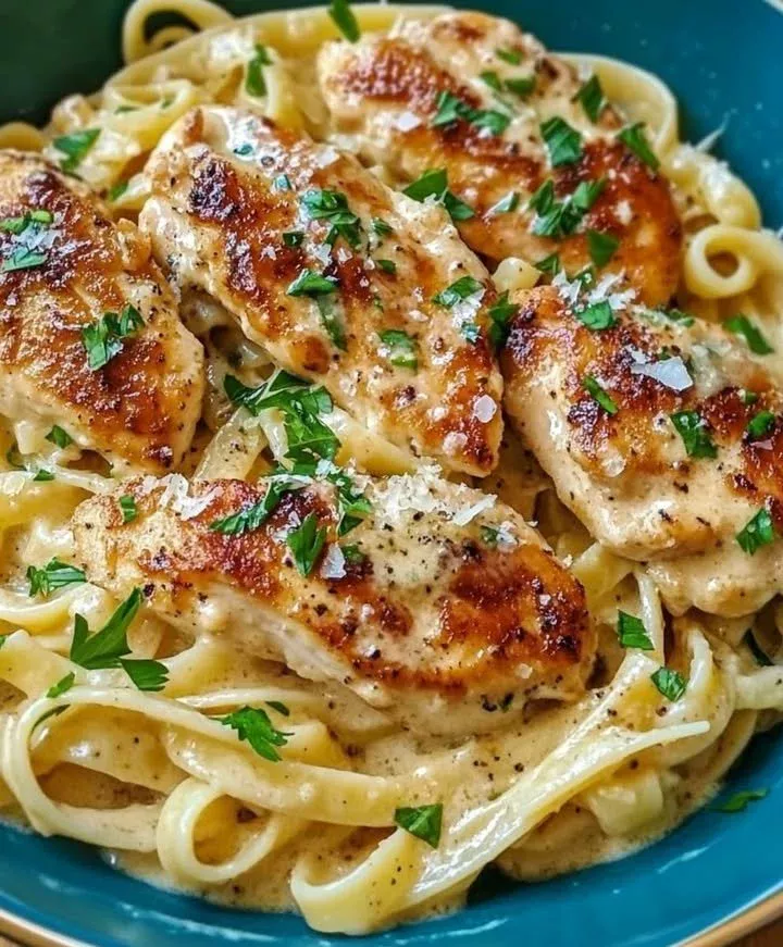 Creamy Parmesan Garlic Chicken Pasta with chicken, garlic, and cheese in a bowl