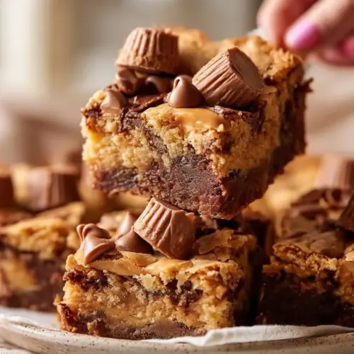 Creamy peanut butter cup dump cake topped with chocolate and peanut butter.