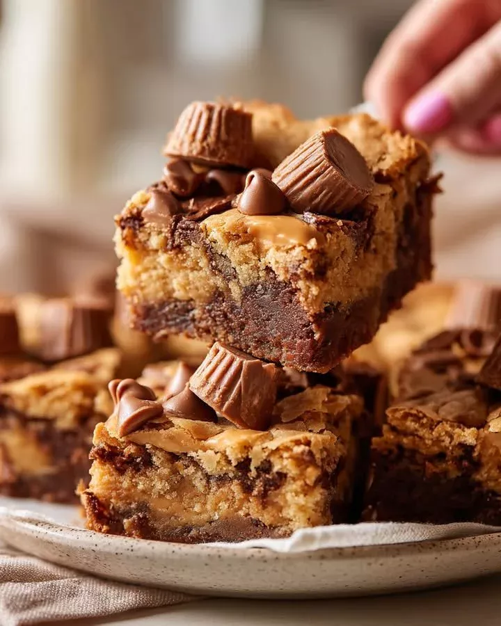 Creamy peanut butter cup dump cake topped with chocolate and peanut butter.