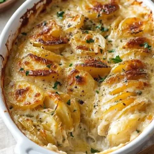Delicious creamy scalloped potatoes with cheese bake in a casserole dish