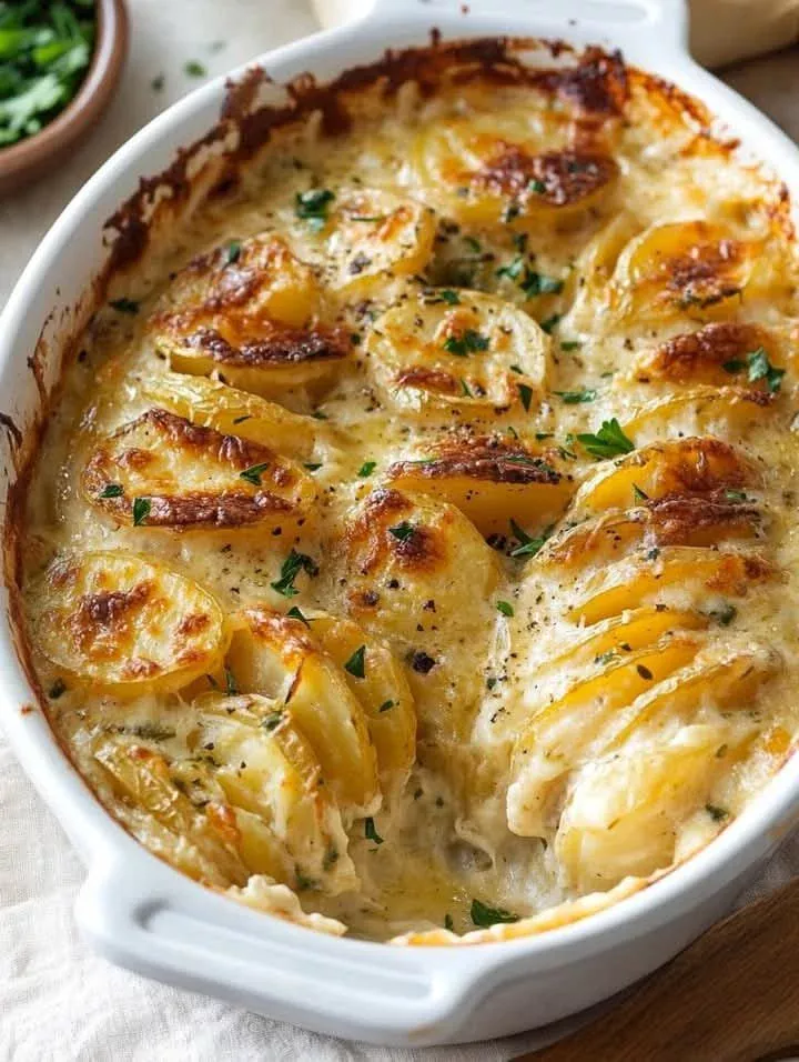 Delicious creamy scalloped potatoes with cheese bake in a casserole dish