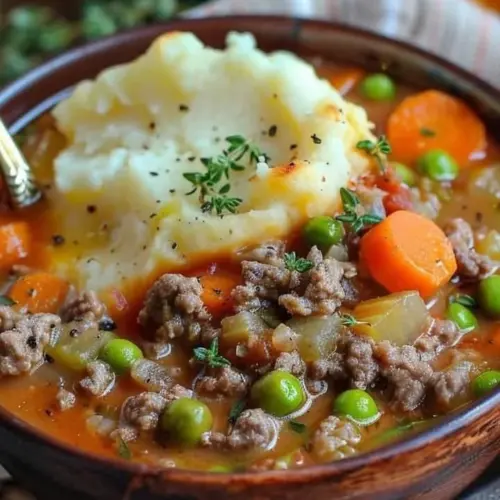 Creamy Shepherd's Pie Soup in a bowl with fresh herbs