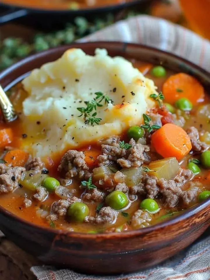 Creamy Shepherd's Pie Soup in a bowl with fresh herbs