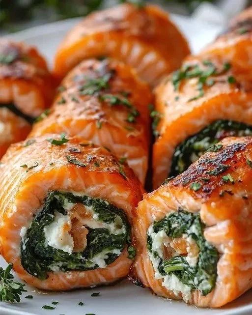 Creamy spinach-feta salmon rolls with fresh ingredients and a flavorful twist