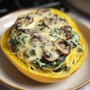 Creamy spinach mushroom stuffed spaghetti squash served on a plate