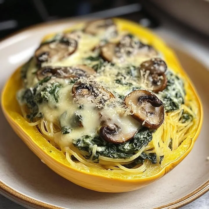Creamy spinach mushroom stuffed spaghetti squash served on a plate