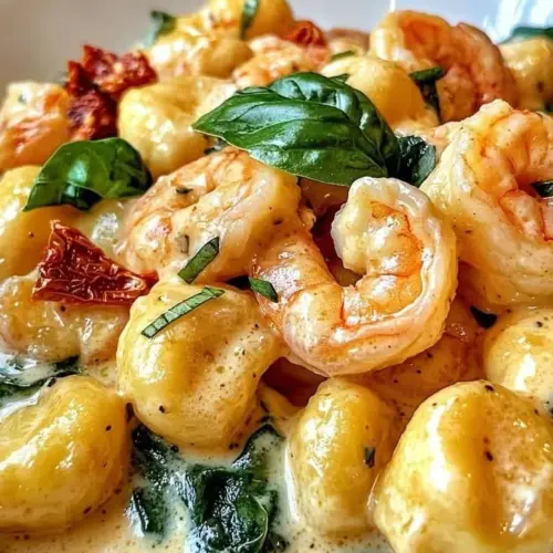 Plate of creamy Tuscan shrimp served with gnocchi and fresh herbs