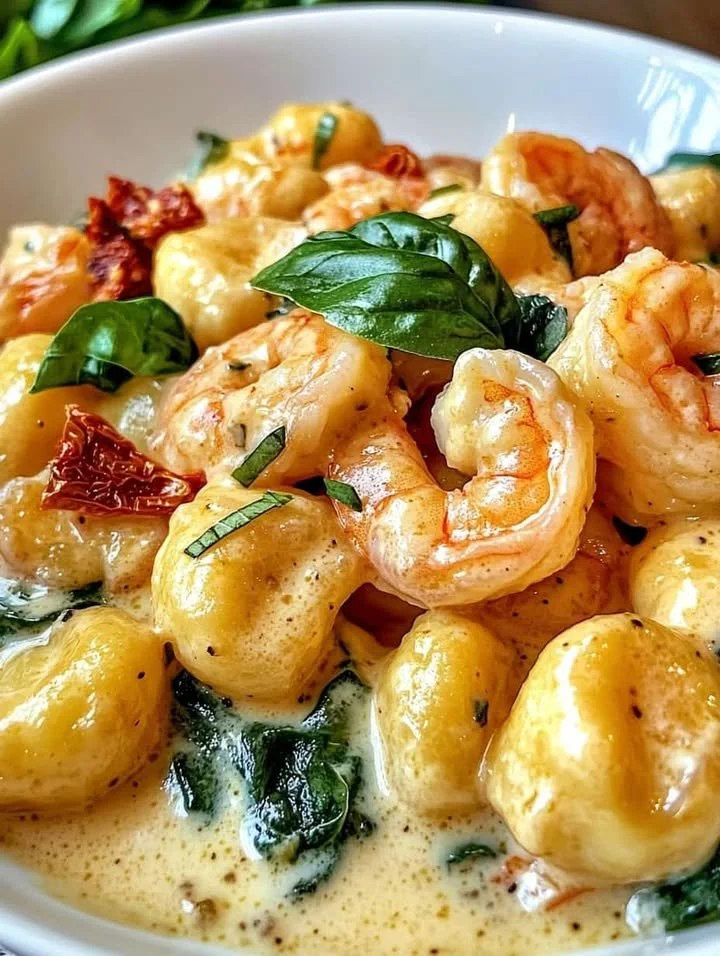 Plate of creamy Tuscan shrimp served with gnocchi and fresh herbs