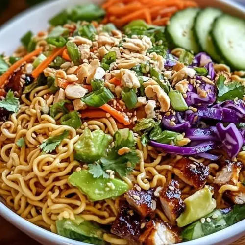 Crispy Asian ramen salad with colorful vegetables and crunchy noodles