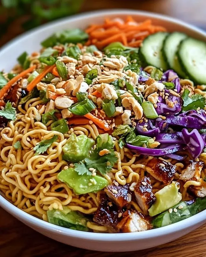 Crispy Asian ramen salad with colorful vegetables and crunchy noodles