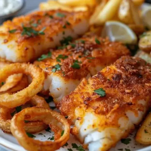 Crispy cod served with golden onion rings on a platter