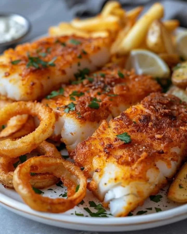 Crispy cod served with golden onion rings on a platter