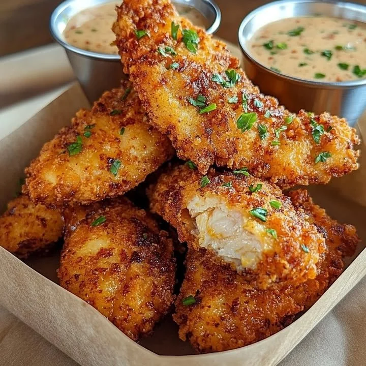 Crispy Crack Chicken Tenders served with dipping sauce on a plate