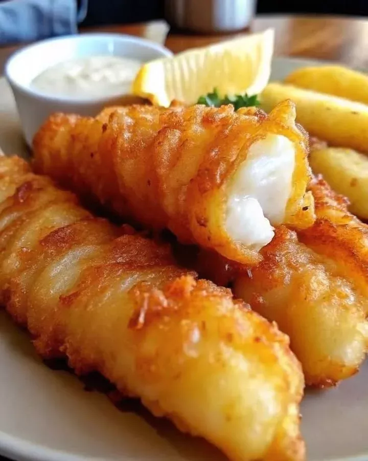 Crispy fried fish on a plate, garnished with lemon and herbs