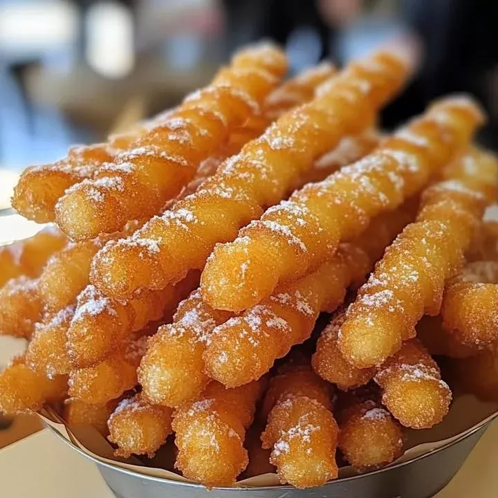 Crispy funnel cake strips served with powdered sugar and a side of dipping sauce.