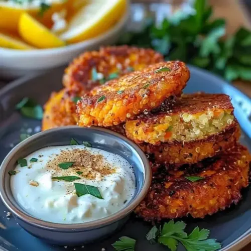 Crispy sweet potato quinoa patties on a plate garnished with herbs