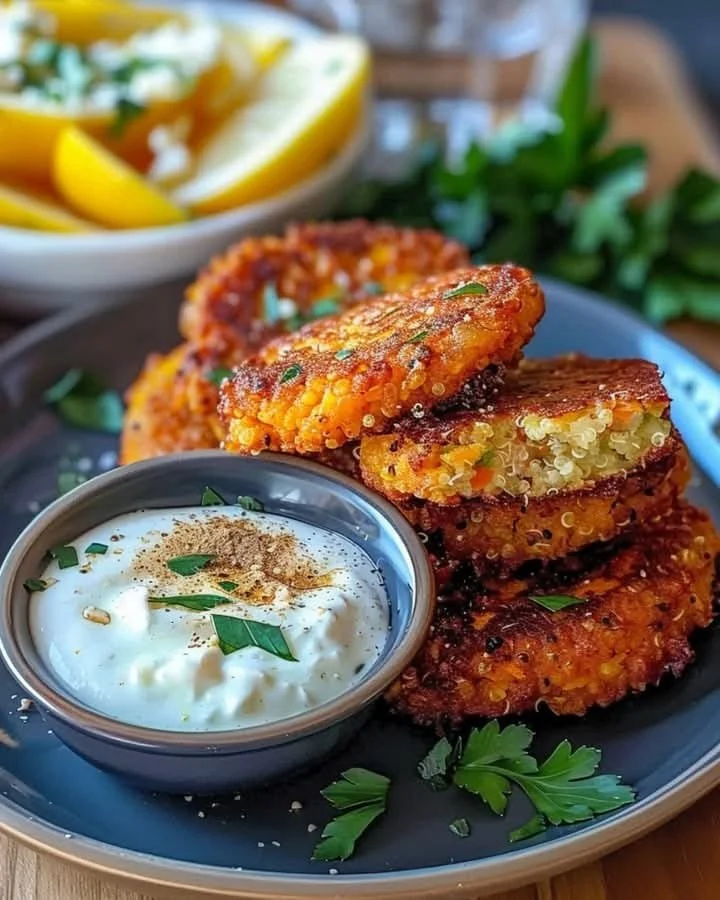 Crispy sweet potato quinoa patties on a plate garnished with herbs