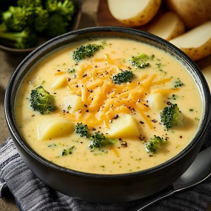 Crockpot creamy potato broccoli cheddar soup in a bowl with toppings