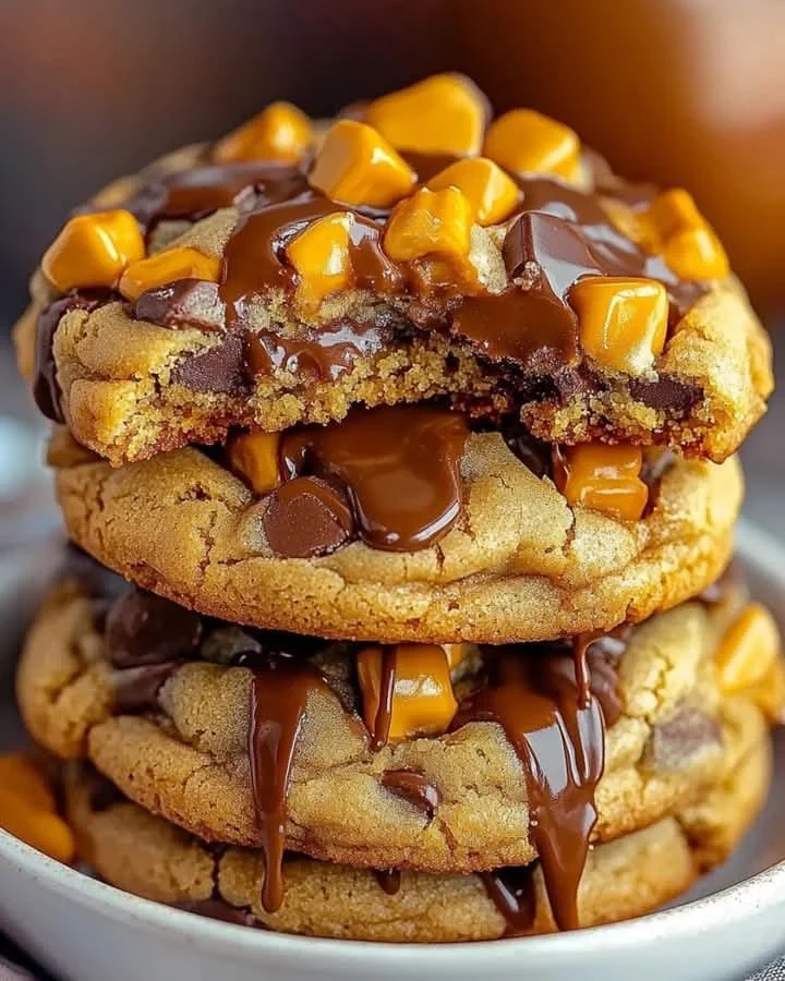 Crunchy Butterfinger Caramel Cookies with chocolate and caramel drizzle.