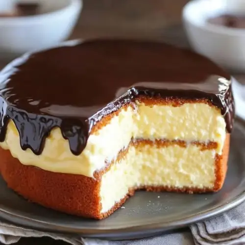 Decadent Boston Cream Cake with chocolate ganache and custard filling