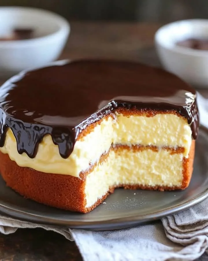 Decadent Boston Cream Cake with chocolate ganache and custard filling