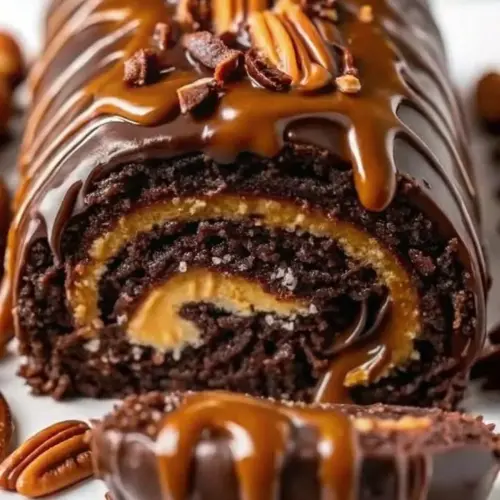Decadent chocolate caramel pecan brownies on a white plate