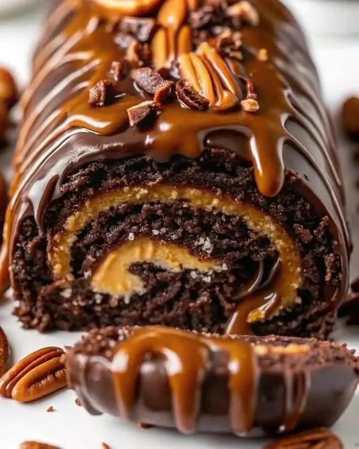 Decadent chocolate caramel pecan brownies on a white plate