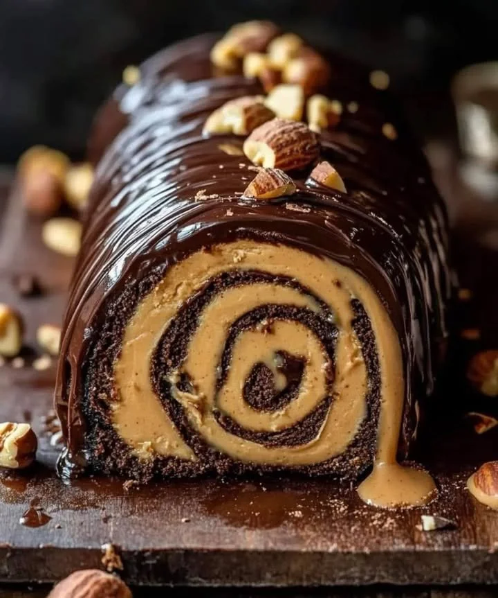 Delicious chocolate peanut butter roulade dessert with chocolate glaze
