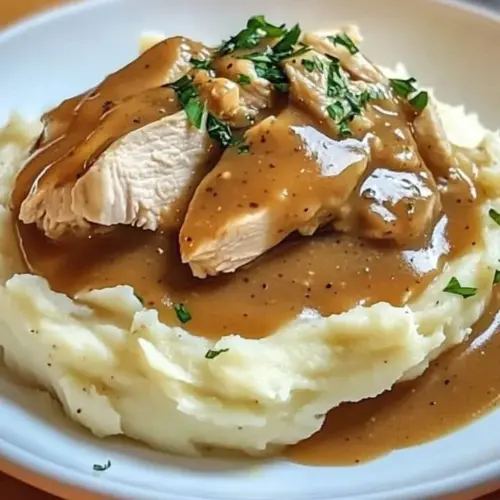 Delicious chicken gravy poured over fluffy mashed potatoes