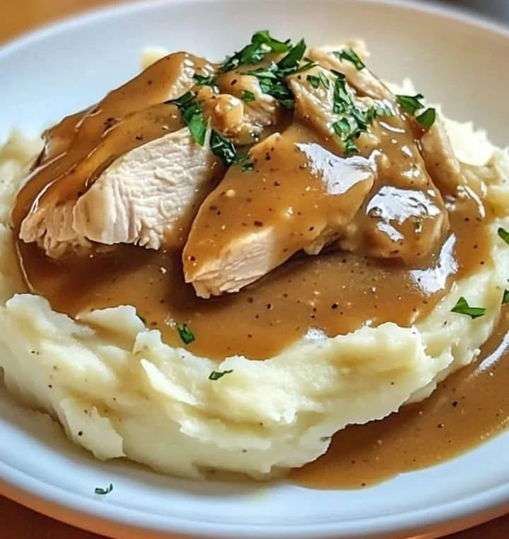 Delicious chicken gravy poured over fluffy mashed potatoes