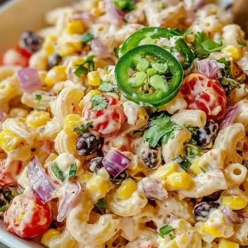 Colorful Easy Mexican Pasta Salad with fresh vegetables and spices